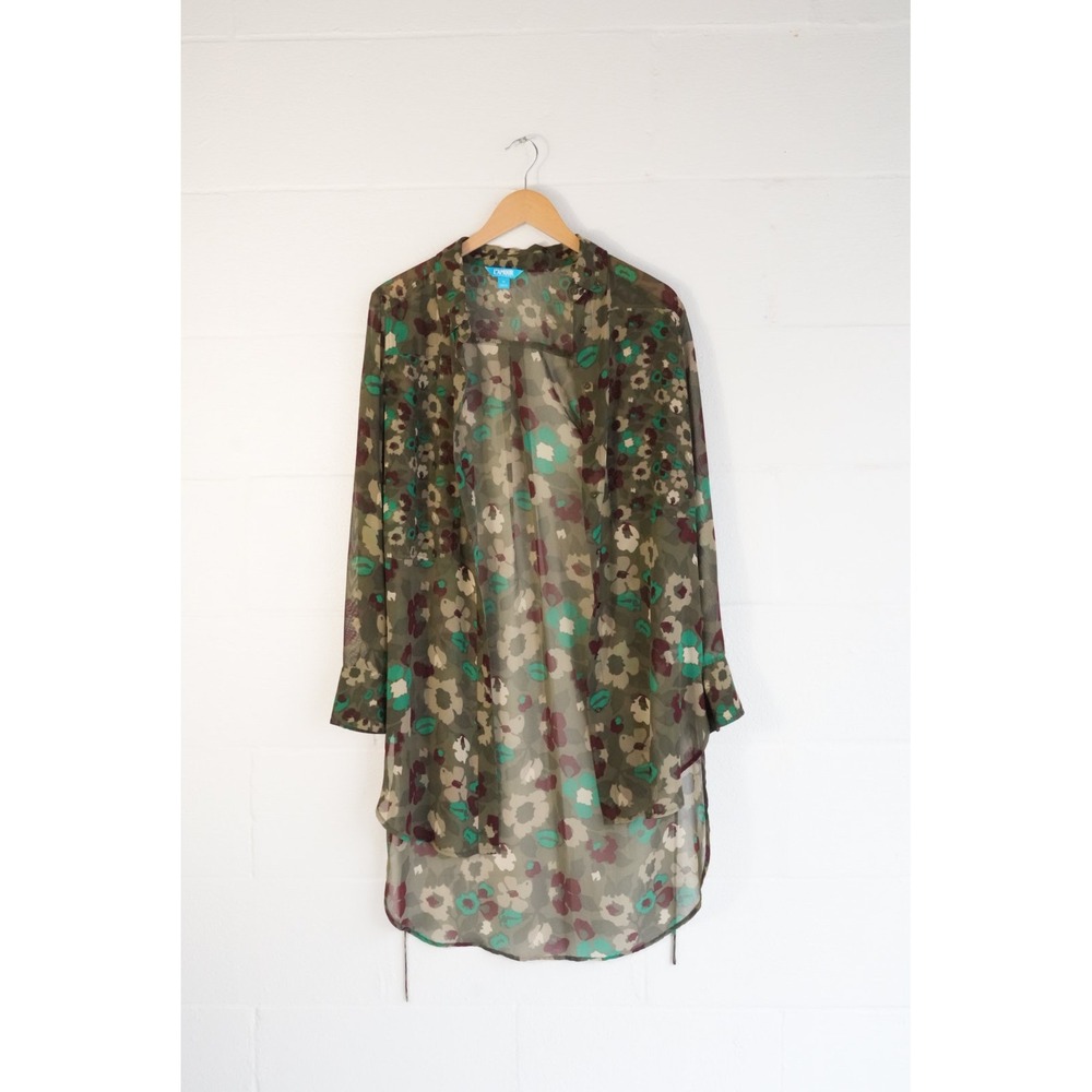 L'Amour Nanette Lepore Floral Button Down Tunic Women Medium Green Sheer